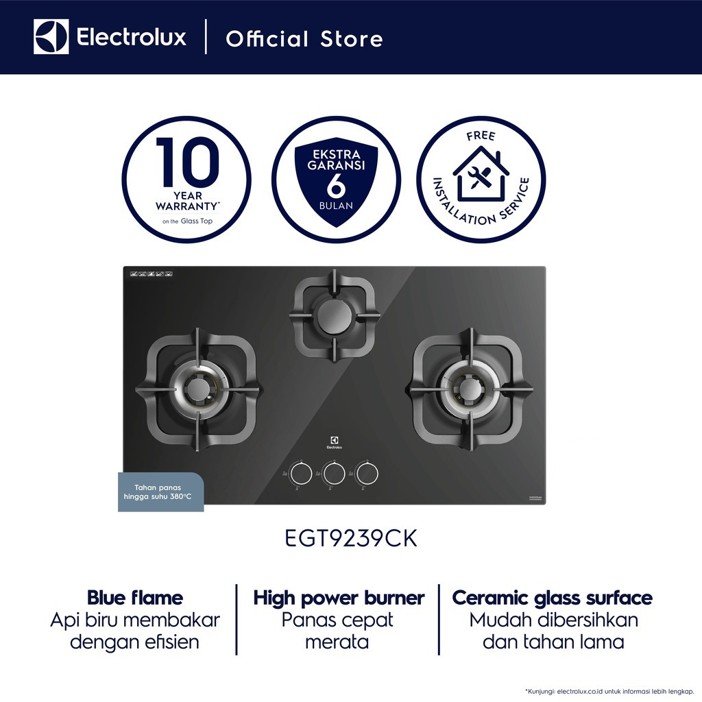 Electrolux Kompor Tanam Potenza 90cm 3 tungku - Api Biru Hemat Energi - Pengaman Gas - Cast iron pan