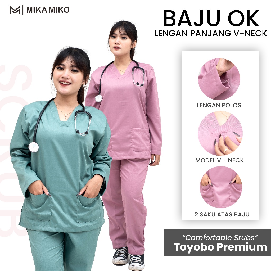 Mikamiko - Baju Ok Dokter [Gratis Bordir Nama] Lengan Panjang Scrub Perawat Stenen Bidan Medis Nakes