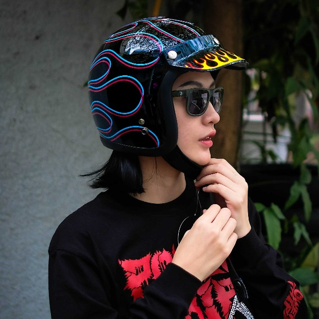 Epic Veil Slim Head EV-500 Open Face Black Kalcer Flame List Silver Helm Half Face SNI