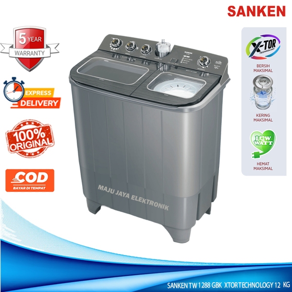 SANKEN Mesin Cuci 2 Tabung 12 KG TW 1288 GBK XTOR Technology Super Spin Dry Hijab Series Tutup Kaca