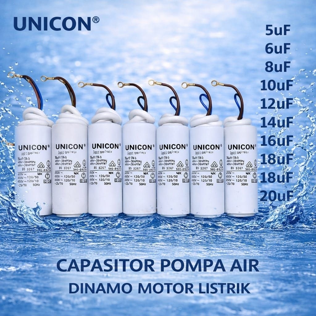 UNICON KAPASITOR KONDENSATOR POMPA AIR DINAMO BULAT PLUS KABEL  SOKET 5UF  6 8 10 12 14 16 18 20UF