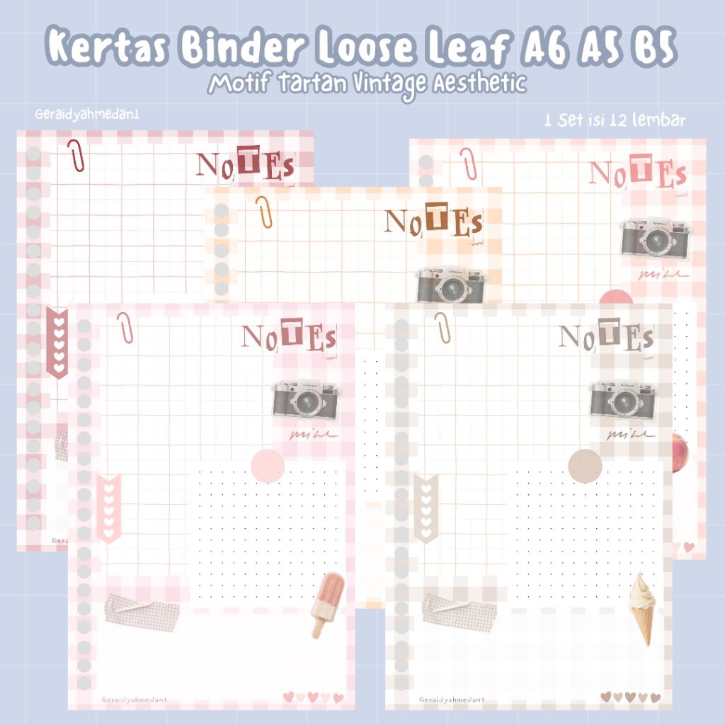 Kertas Binder Loose Leaf A6 A5 B5 Motif Tartan Vintage Aesthetic