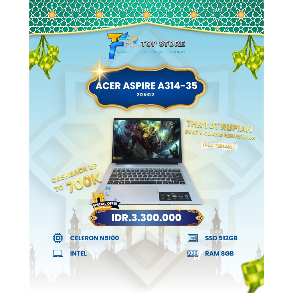LAPTOP ACER ASPIRE A314-35 INTEL CELERON N5100 RAM 8/512GB