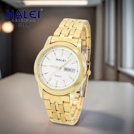 Jam Tangan Halei 348M Original Pria Analog Jarum Rantai Stainless Steel Cowok 348 Fashion Japan