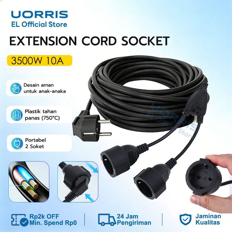 UORRIS Kabel Extention Listrik 2 Soket Kabel Sambungan Multi Fungsi Colokan Kabel Listrik Outdoor