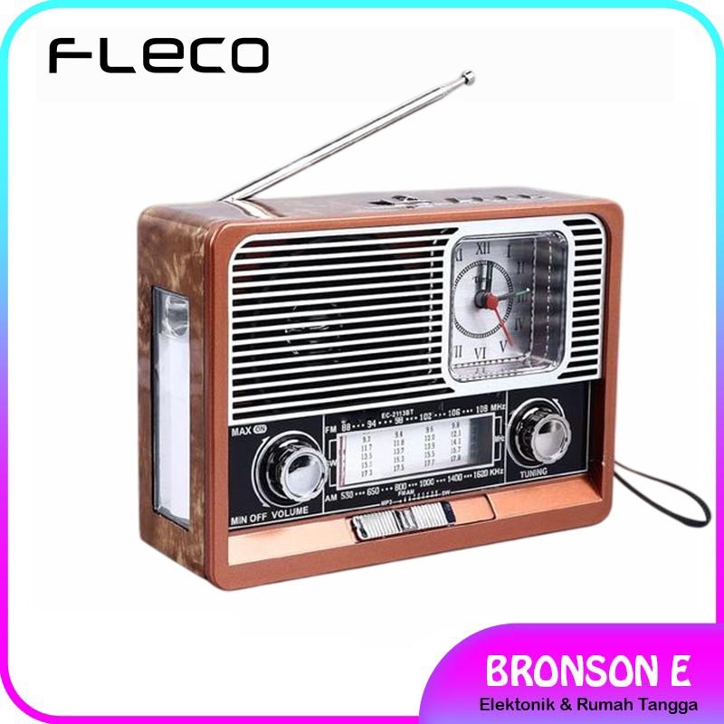 Radio Bluetooth Speaker Senter LED FLECO F-105 Jam Analog FM - Radio antik jadul