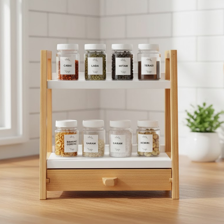Rak Bumbu Dapur Rak Kayu Pinus Kombinasi Laci Slorok 2 Susun Tempat Bumbu Dapur Serbaguna Tbk