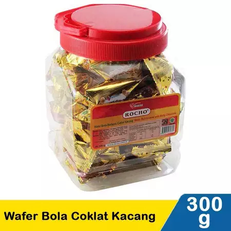 Wafer Rocho Bola Rasa Coklat Kacang Kemasan Isi 300 Gram Makanan Ringan Kue