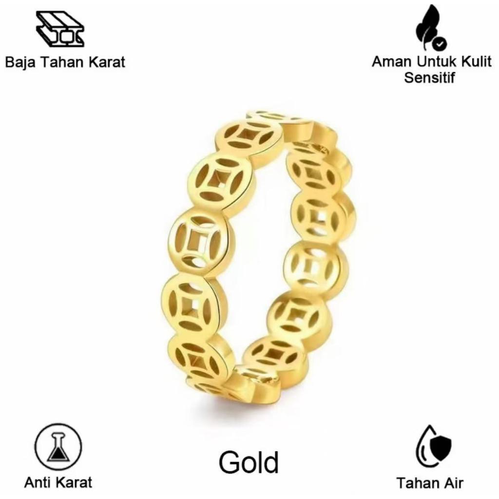 Titanium Steel -Cincin unisex model vintage Coin Ring Geometris Retro Titanium Steel Gold