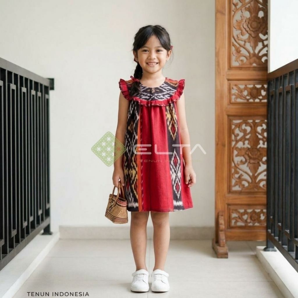 ELTA TENUN Baju gaun Dress Anak Tenun Motif Rote Merah – Baju Anak Perempuan Etnik Modern | Pakaian 