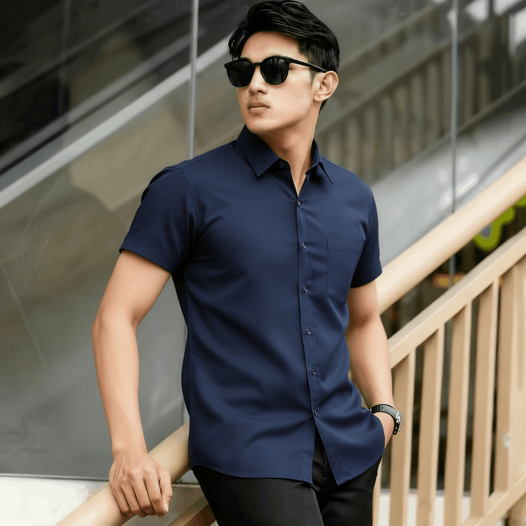 Tangiowild Kemeja Pria Polos Lengan Pendek Tekstur 3D | Poshboy Leisure Shirt