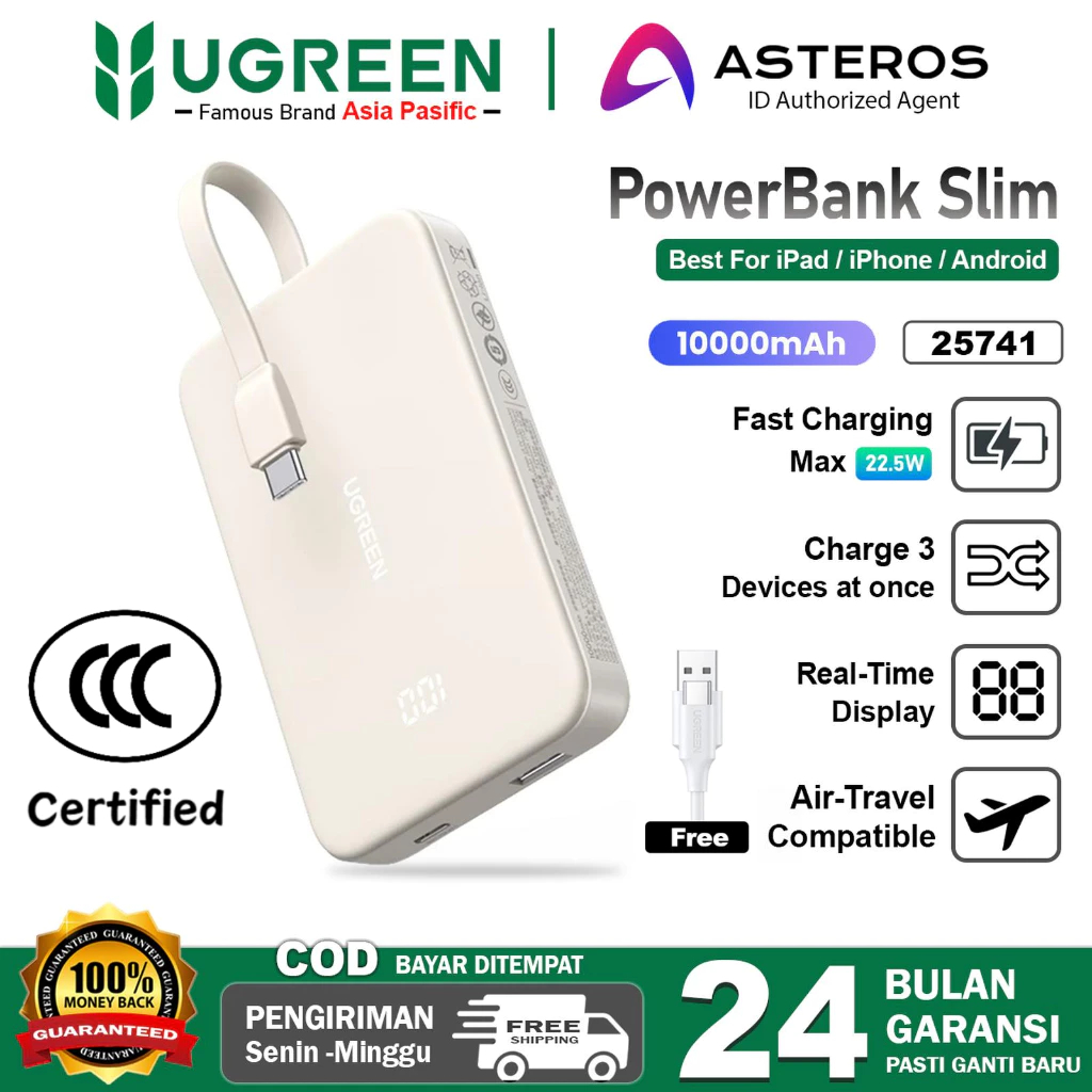 UGREEN POWERBANK CCC 20W SLIM 10000MAH 20000MAH 3C CERTIFIED SERTIFIKASI 22.5W USB-C Built-in Cable 