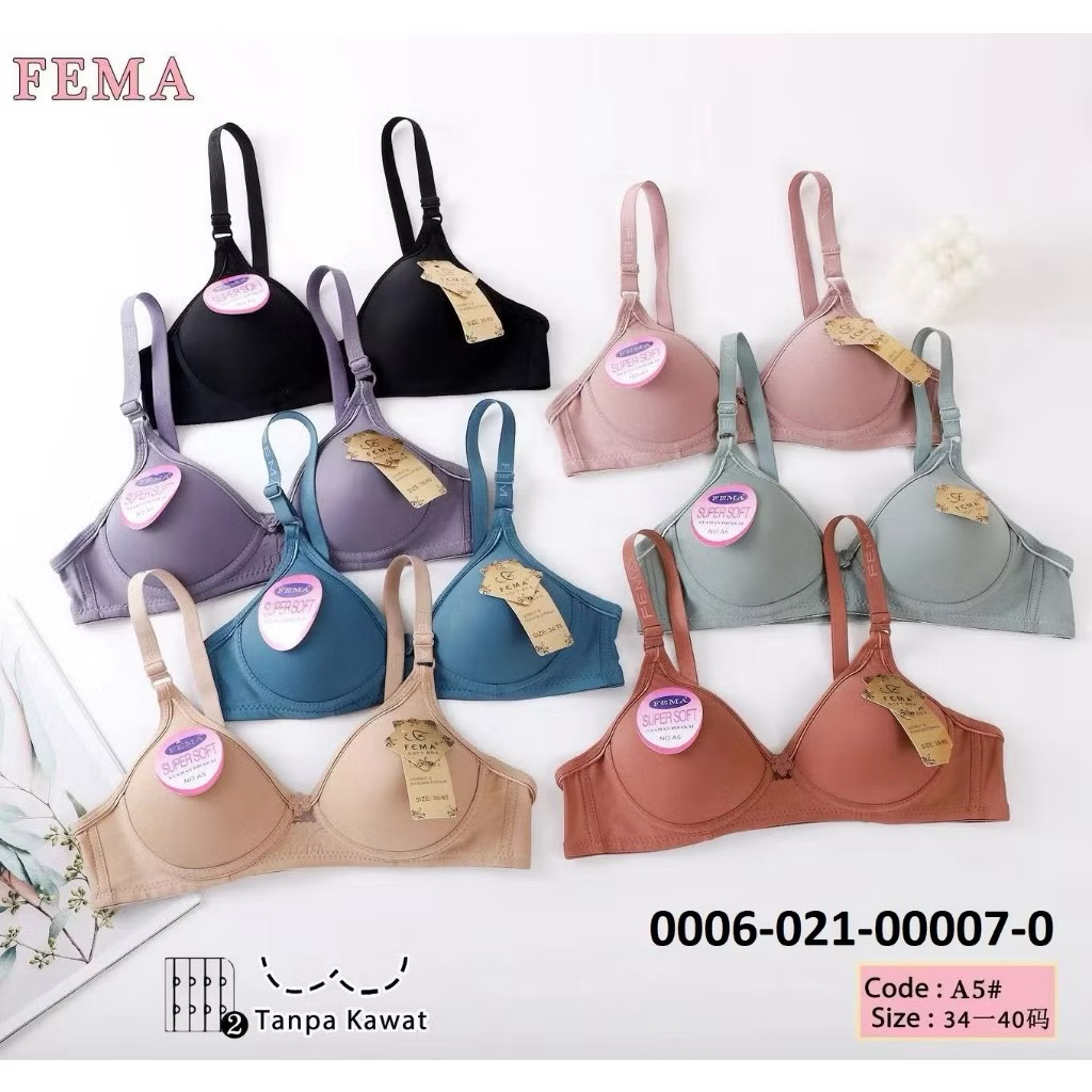 2,3Pcs BH Bra Wanita Fema A5 Pengait Hak 2 Busa Sedang Polos Lis Tanpa Kawat