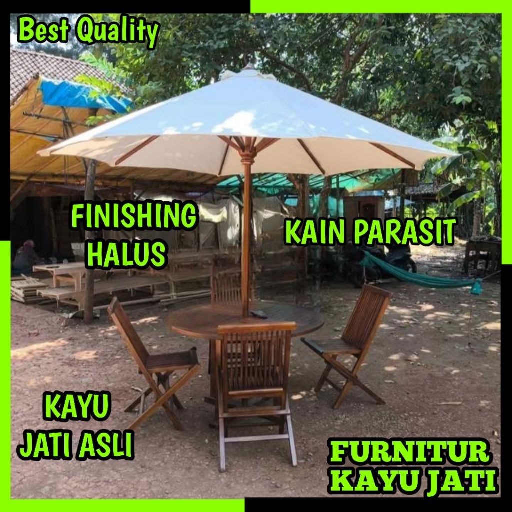 Set Meja Payung Cafe Outdoor Jati Tenda Payung Taman Resto Villa Pantai 4 Kursi Lipat Kayu Jati