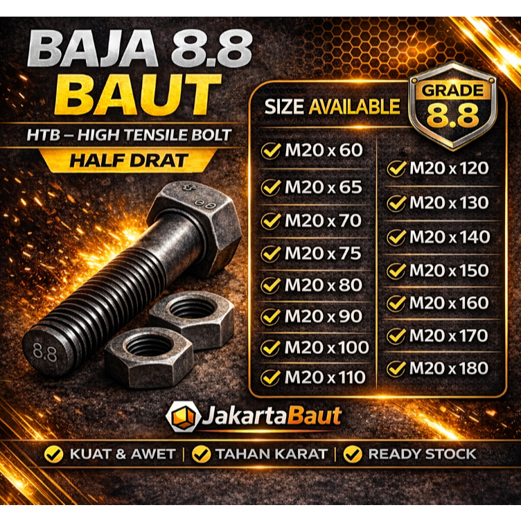 Baja 8.8 Baut M20X80 / Baut 20X80 / M20 X 80 / 20 X 80  Grade 8.8 HTB - High Tensile Bolt Half Drat