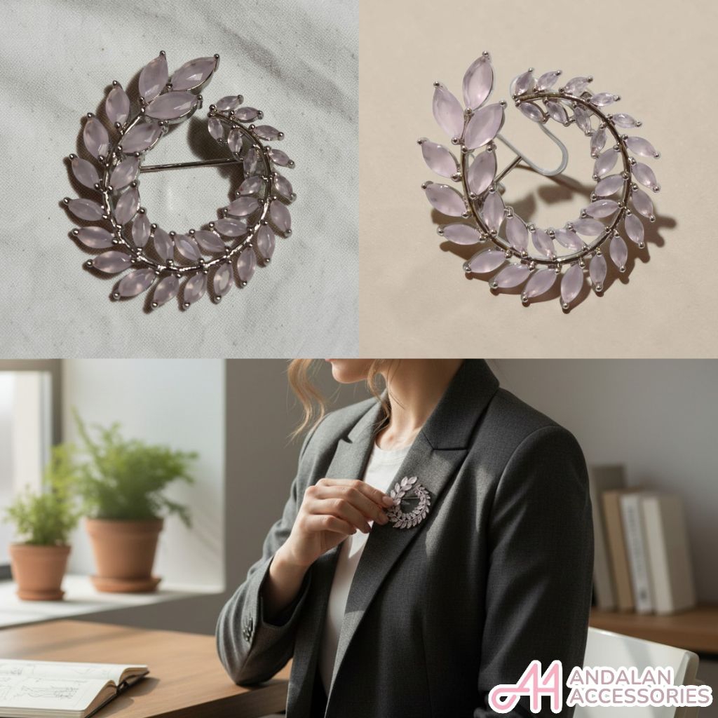 BROS BLUSH CRYSTAL LEAF WREATH BROOCH