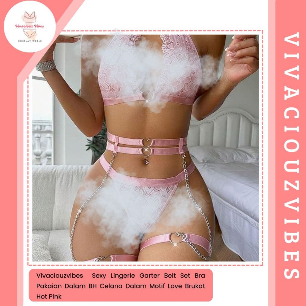 Vivaciouzvibes Sexy Lingerie Garter Belt Set Bra Pakaian Dalam BH Celana Dalam Motif Love Brukat Hot
