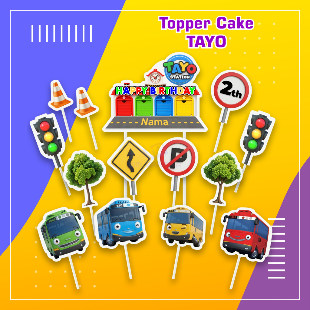 Topper Cake 1 Set Karakter Tayo Happy Birthday Hiasan Kue Ulang Tahun Ultah Custom Nama Foto