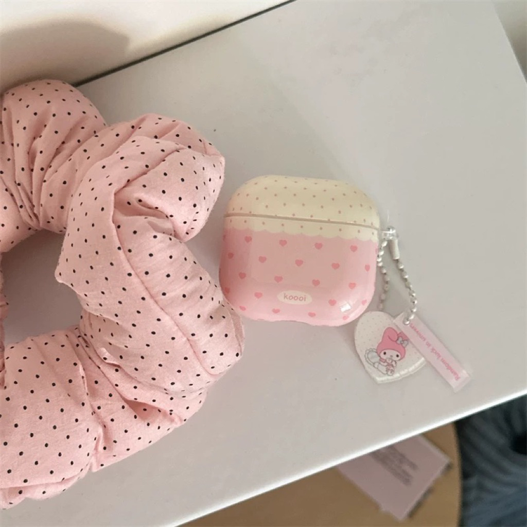 AirPods Case Pink Cream Polkadot Cute Korean Style + Ring AirPods 1/2/3/Pro