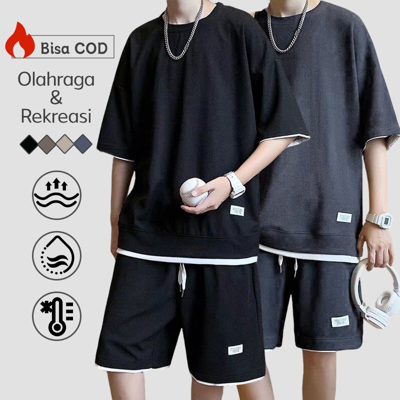 Baju setelan pria 2025 korean Baju Pantai Pria Baju celana pria 1 set Kasual kain waffle baju pria