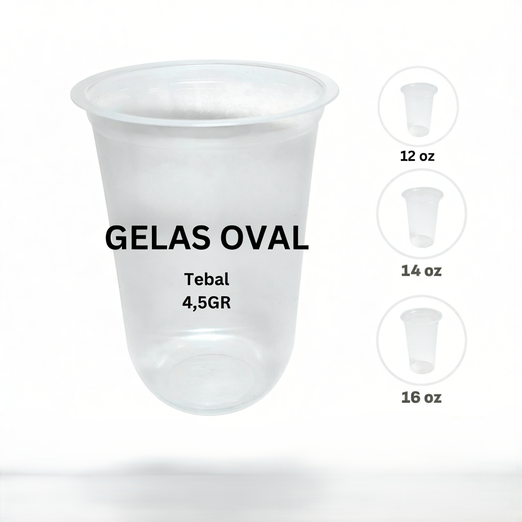 [50pcs] Gelas Plastik Bening OVAL 12, 14, 16 Oz / Gelas Plastik Kopi / Gelas Plastik Tahan Panas / G