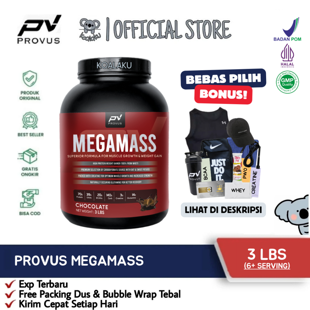Provus Mega Mass Gainer 3lbs 1.35 kg 2 lbs Megamass Susu Protein Gym Bulking Penggemuk Penambah Bera