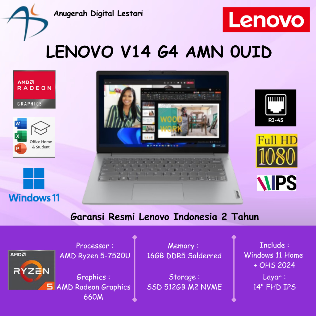 Lenovo V14 G4 AMN 0UID Ryzen 5-7520U 16GB DDR5 512GB WIN 11 OHS24 14" FHD IPS