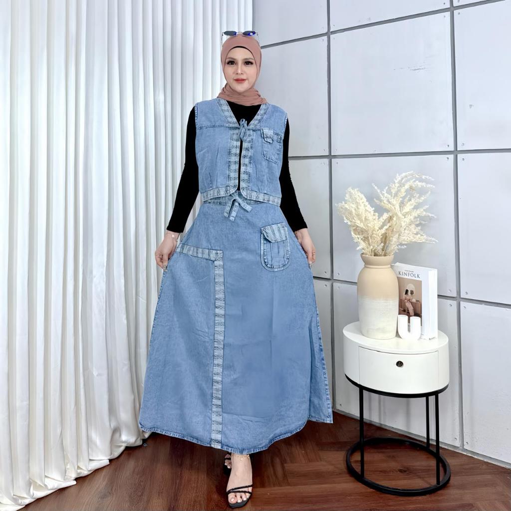 Freya One Set Rompi Jeans Fashion Muslim Wanita Kekinian