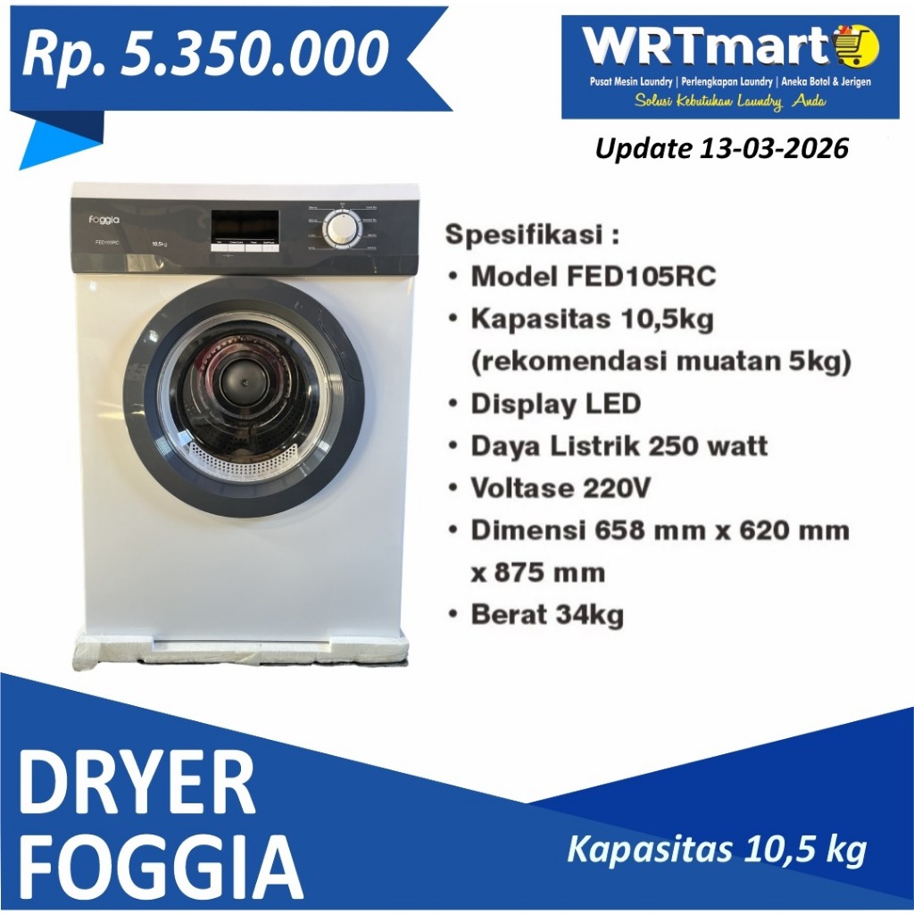Dryer Foggia 10,5 Kg | Dryer Mesin pengering pakaian Foggia 10.5kg Konversi Gas Laundry | Dryer Tumb