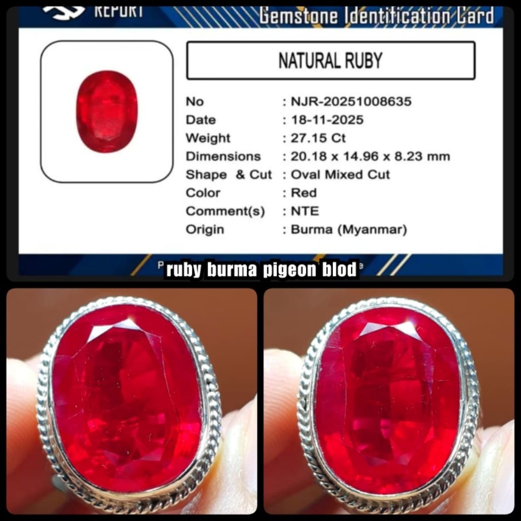 100%  asli batu Ruby delima Burma pigeon blod + ring silver perak