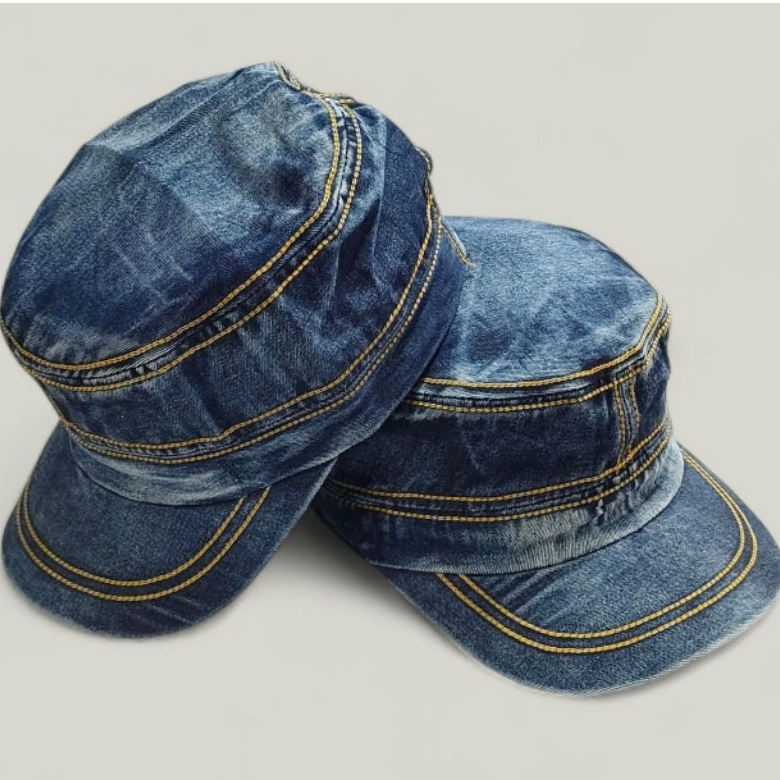 Topi Komando Jeans Wash Polos/ Topi Komando Levis Washing Dewasa Pria Wanita Jahit Rante