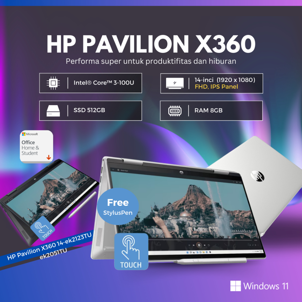 Laptop Touchscreen Flip HP Pavilion X360 14-ek2123TU - 14-ek2051TU Intel Core 3-100U Touchscreen Fli