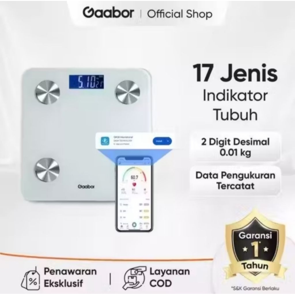 Gaabor Timbangan Badan Digital BMI Kadar Lemak Massa Otot Body Weight Scale Gaabor Smart Digital Fat