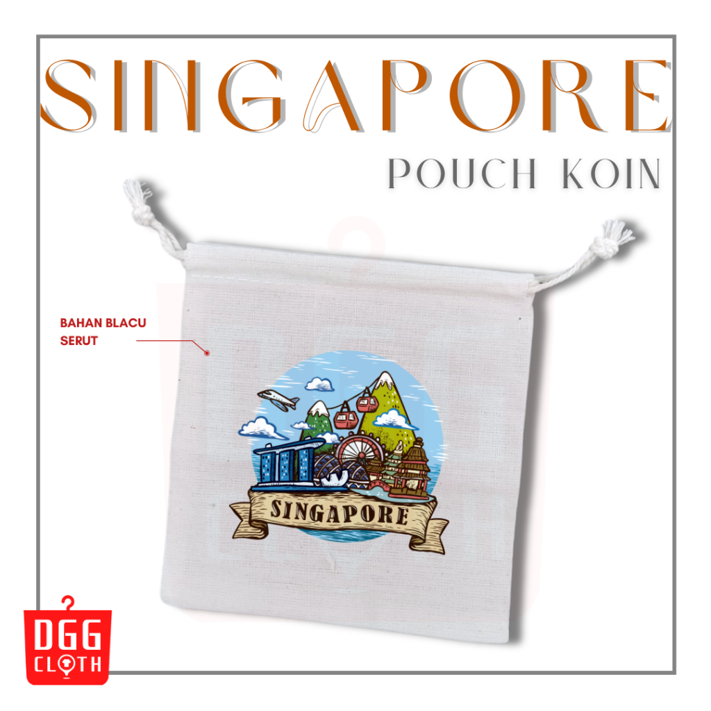 DGGCloth Pouch Koin Souvenir Singapore Dompet Koin Oleh Oleh Singapura Bahan Blacu Tali Serut Type 1