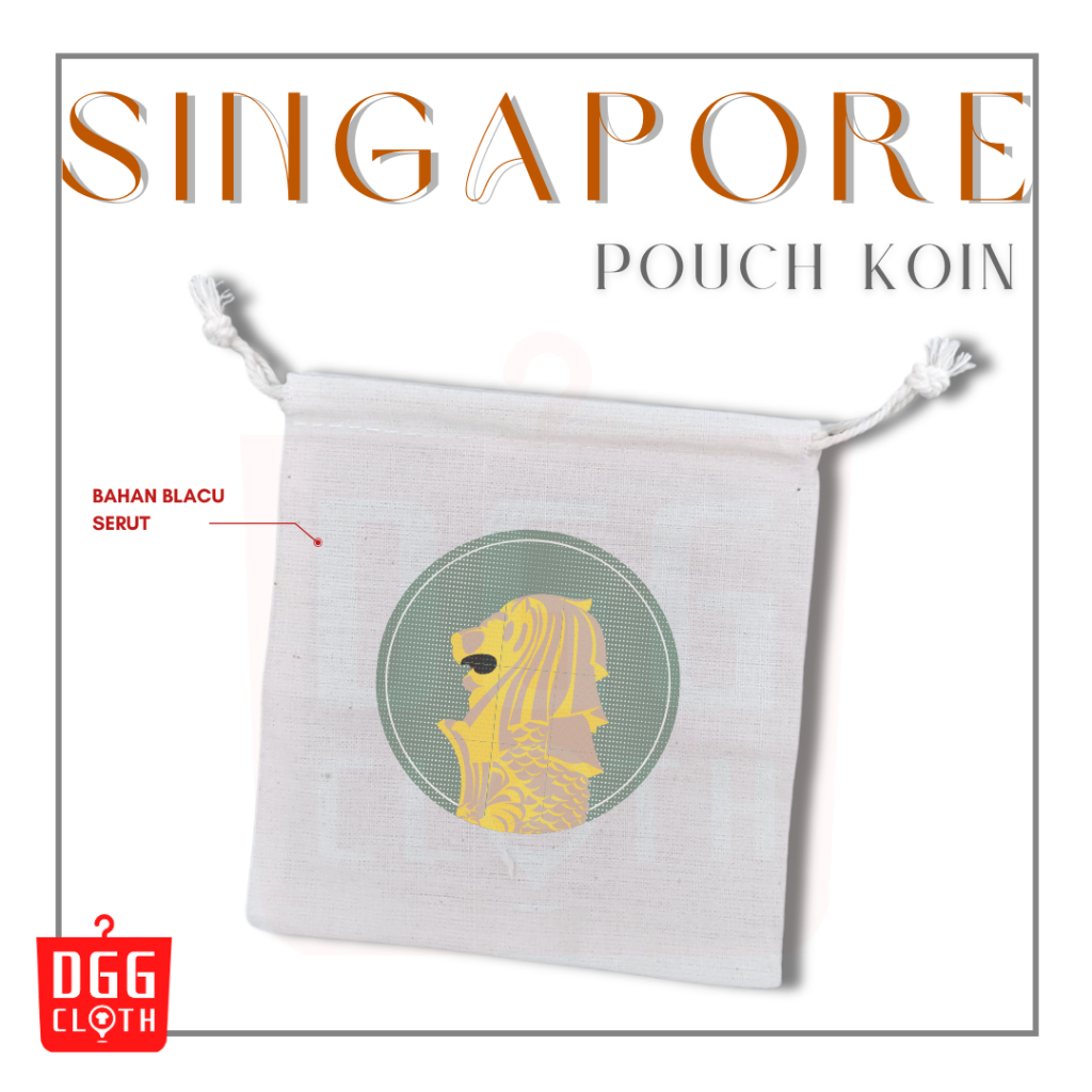DGGCloth Pouch Koin Souvenir Singapore Dompet Koin Oleh Oleh Singapura Bahan Blacu Tali Serut Type 5