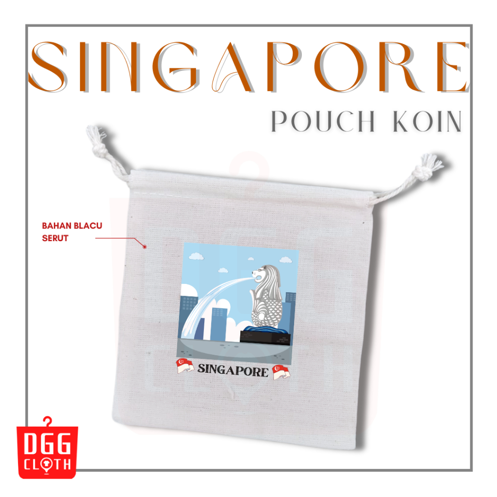 DGGCloth Pouch Koin Souvenir Singapore Dompet Koin Oleh Oleh Singapura Bahan Blacu Tali Serut Type 1