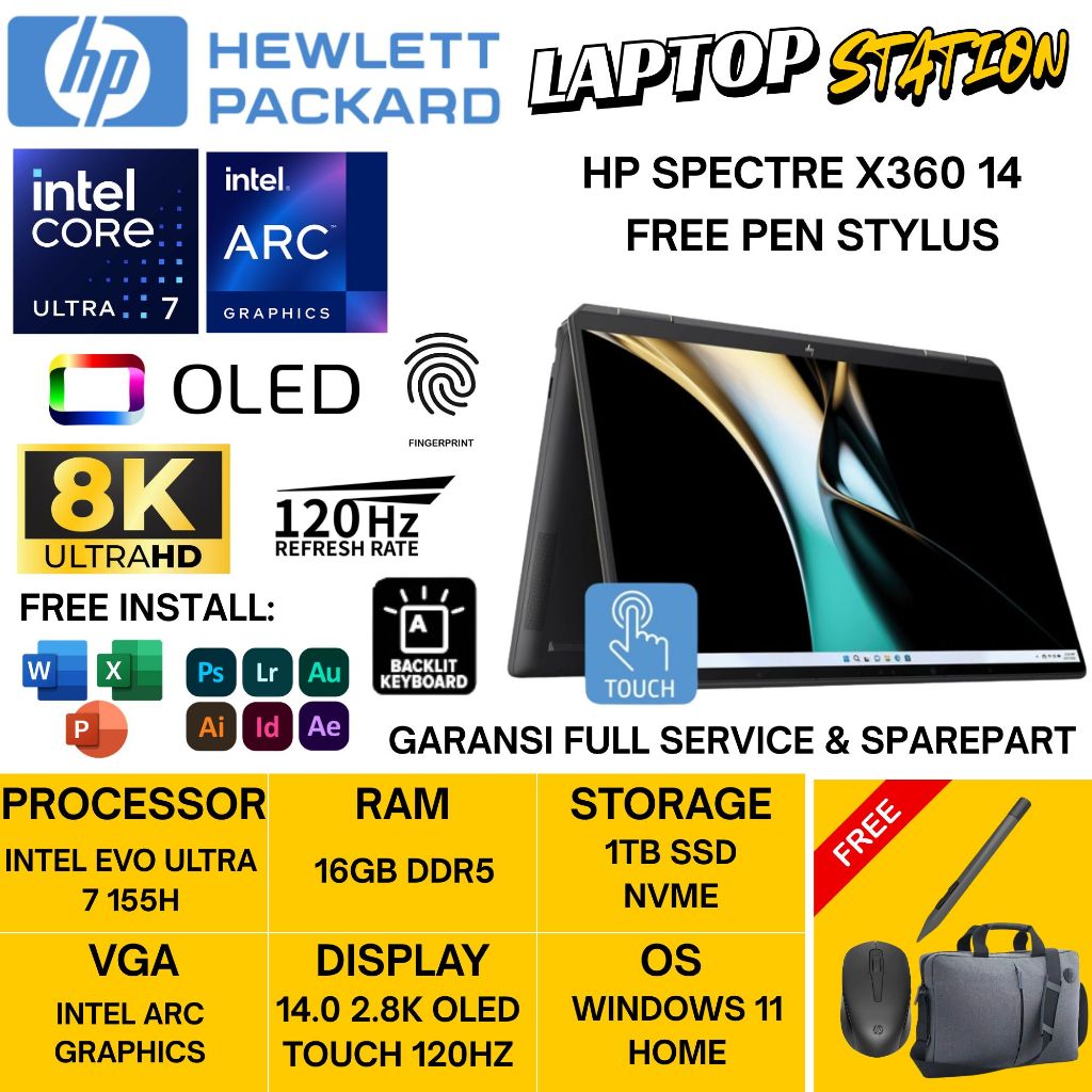 Laptop HP Spectre X360 Intel Evo Ultra 7 155H 16GB DDR5 1TB INTEL ARC 14.0 2.8K OLED TOUCH Win11Home