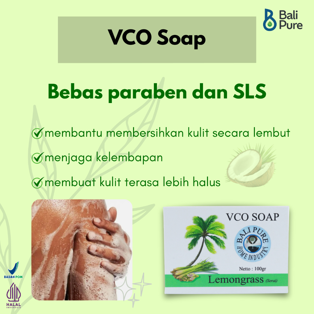 Bali Pure VCO Soap (Sabun) 100gr Perawatan Kulit Halus dan Lembut dengan Wangi Lemongrass Yang Menen