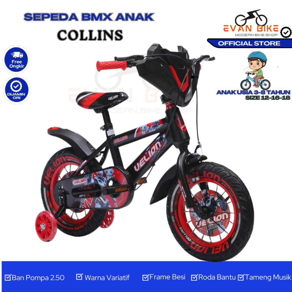 VELION Sepeda anak BMX 12 16 18 inch Ban Jumbo - Musik dan Lampu - Frame Steel - anak Laki - usia 3 