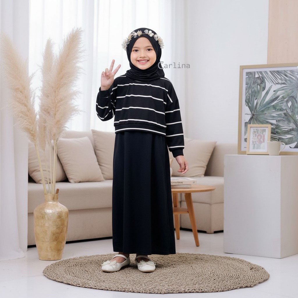 CARLINA Gamis Maryam One Set Sweater Salur dan Dress Panjang Maxy Anak Perempuan 2-13 Tahun