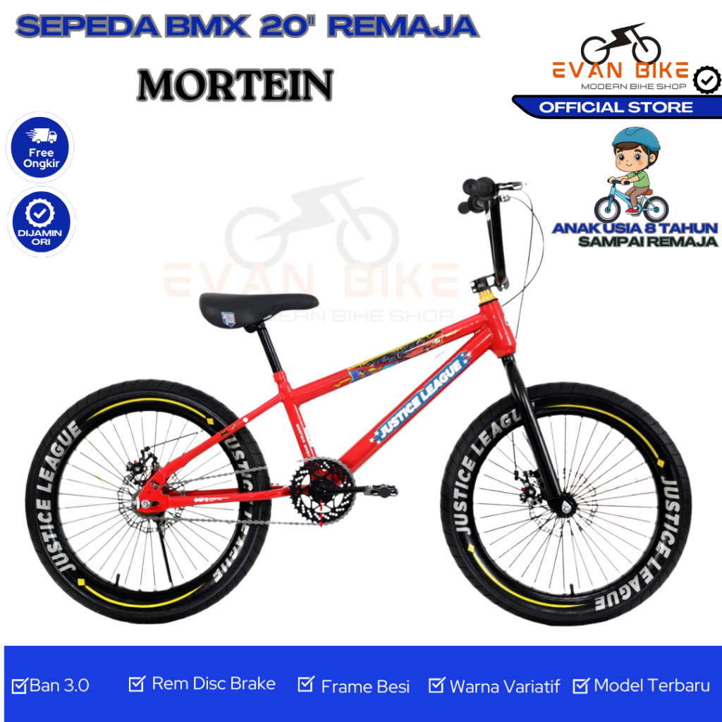 MORTEIN Sepeda BMX 20 inch JUSTICE LEAUGE karakter BAN JUMBO WARNA 3.0 - 2.4 - Rem Disc Brake - Vbra