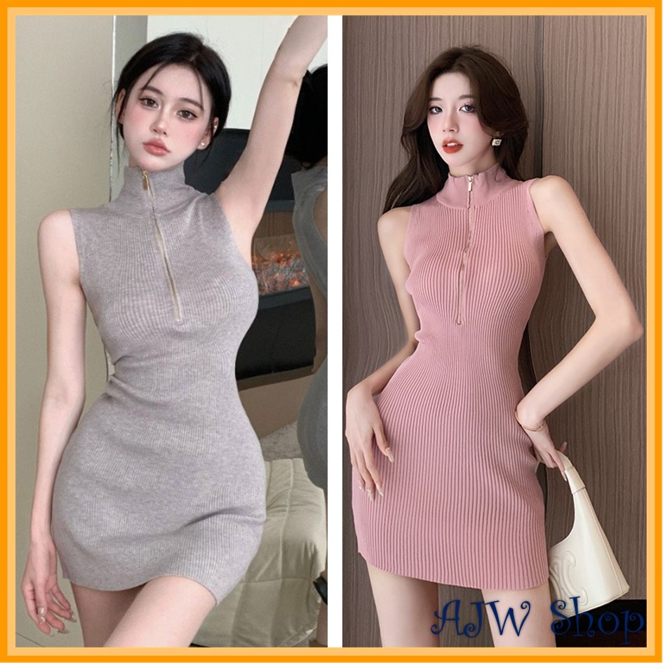 AJW Dress Wanita Halter Neck Zipper Turtleneck Knit Import Premium SAY | Mini Dress Wanita Turtlenec