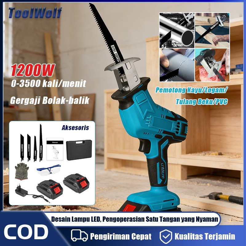 ToolWolf Gergaji Bolak Balik Cordless Multifungsi Nirkabel 4800rpm Motor Tembaga Kuat Tanpa Kabel Pe