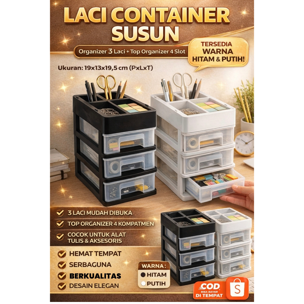Laci Container Susun Plastik 3 Susun. Rak mini serbaguna / Laci Kosmetik / Laci Penyimpanan / Rak La
