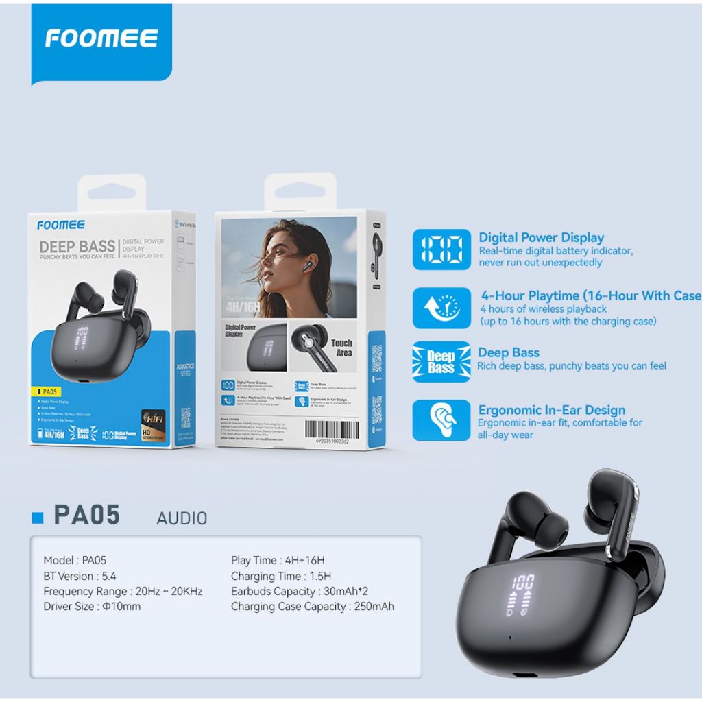 FOOMEE PA05 TWS LED Headset Bluetooth Headset Wireless Deep Bass Punchy Beats You Can Digital Power 