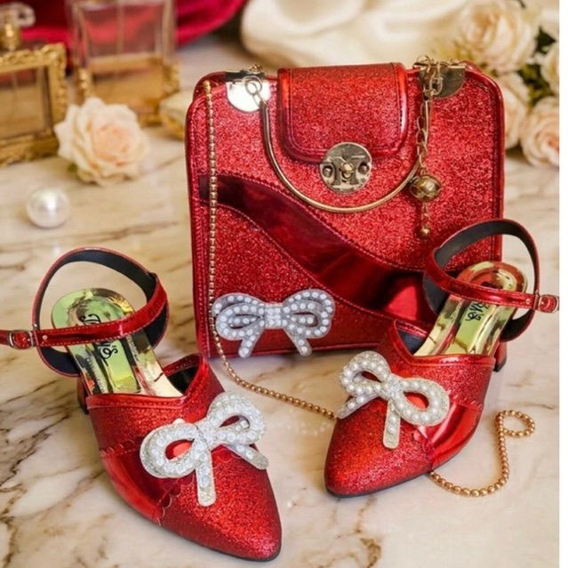 satu set sandal heels dan tas pesta wanita mewah size 36-42 Desain Elegan dan Tali Panjang