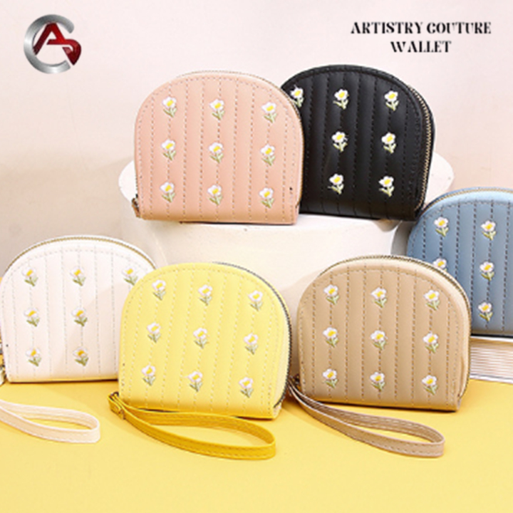 Dompet Koin Wanita Mini Bordir Bunga Daisy Elegant – Dompet Kecil Resleting Lucu dengan Tali
