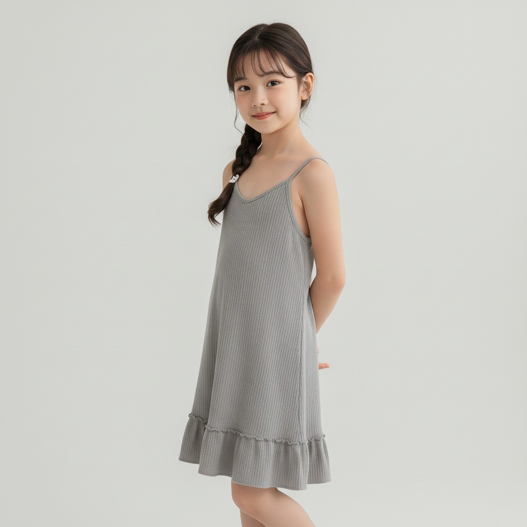PAKAIAN ANAK PEREMPUAN DRESS MODEL TALI KECIL RUFFLE BAHAN HYGT POLOS NYAMAN DIKENAKAN