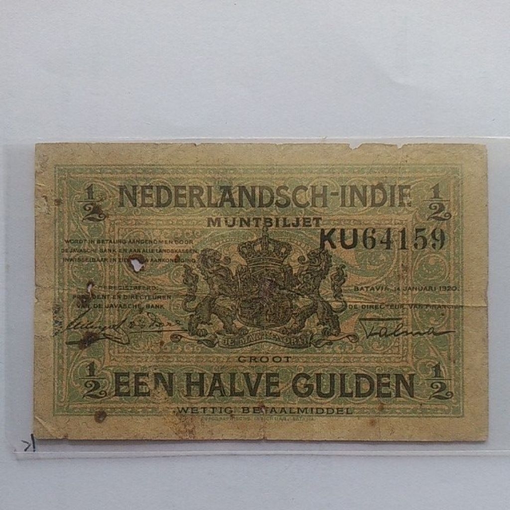 Uang Muntbiljet Hindia Belanda 1/2 gulden 1920 fine