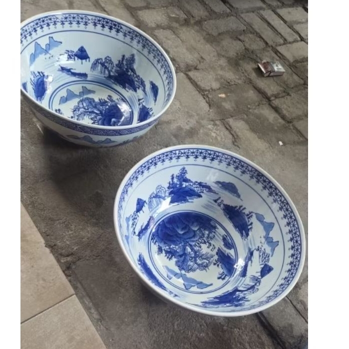 Com keramik biru putih motif pemandangan diameter40 cm/baskom keramik jumbo/mangkuk keramik chinosse